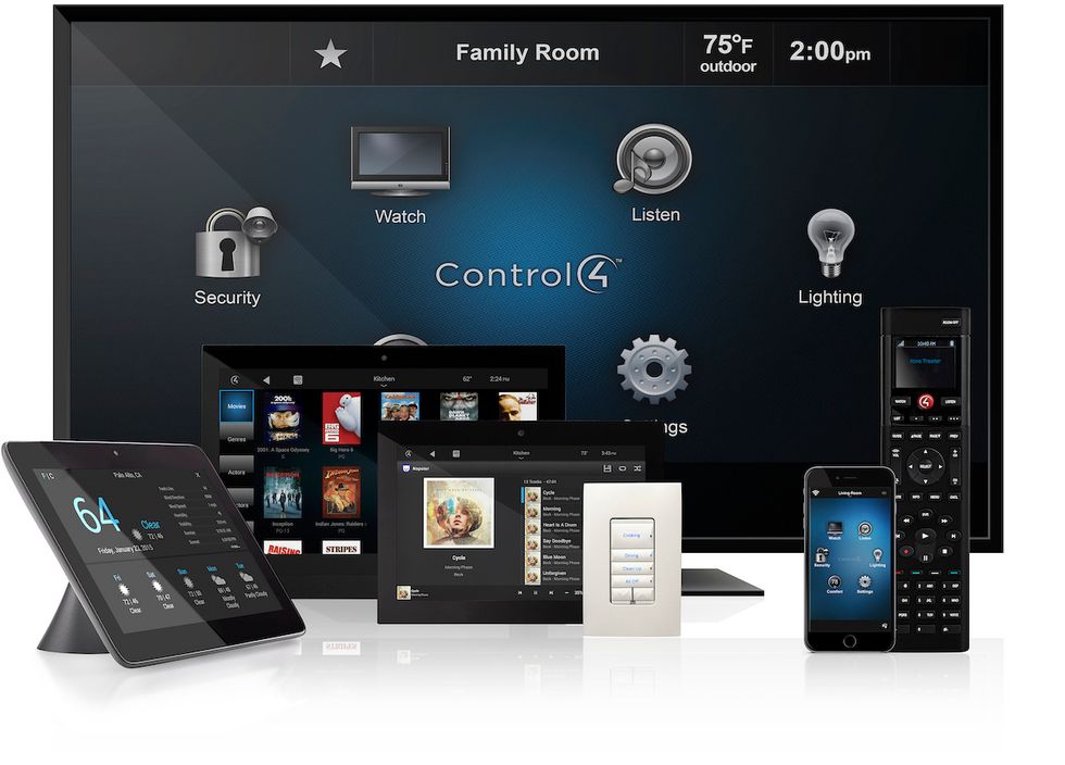 A photo of the Control4 interface and a number of the smart home products the company supports