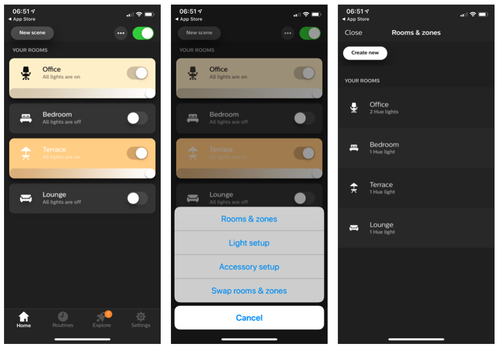 screenshots of new zones feature in Philips Hue app