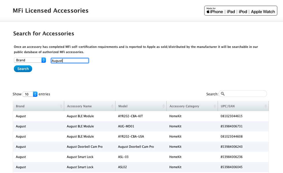 Screenshot of Ring video doorbell in Apple HomeKit database