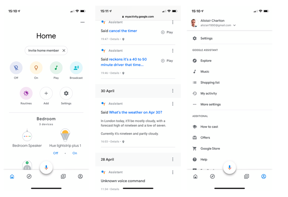 Screenshots for deleting Google Assistant recordings