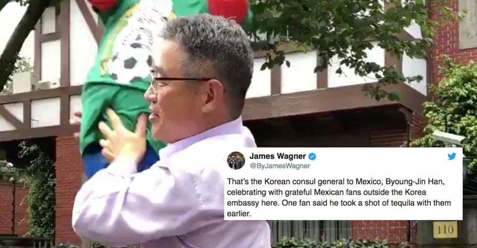 Mexico celebrating South Korea's win over Germany is too much joy to handle.