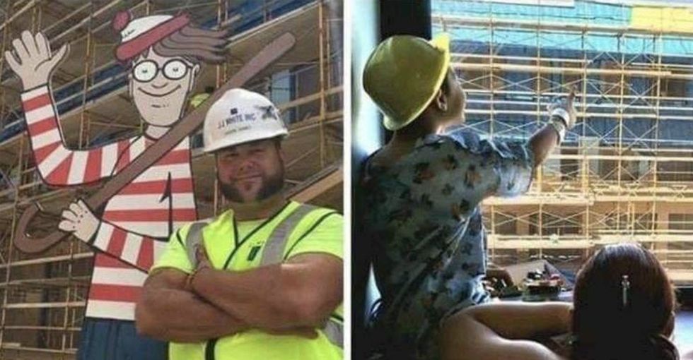 A construction worker made this life-sized 'Where's Waldo?' cutout for hospitalized children to follow and play along.