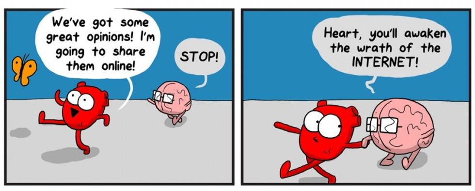 17 comics that illustrate the tricky relationship between your heart and brain.