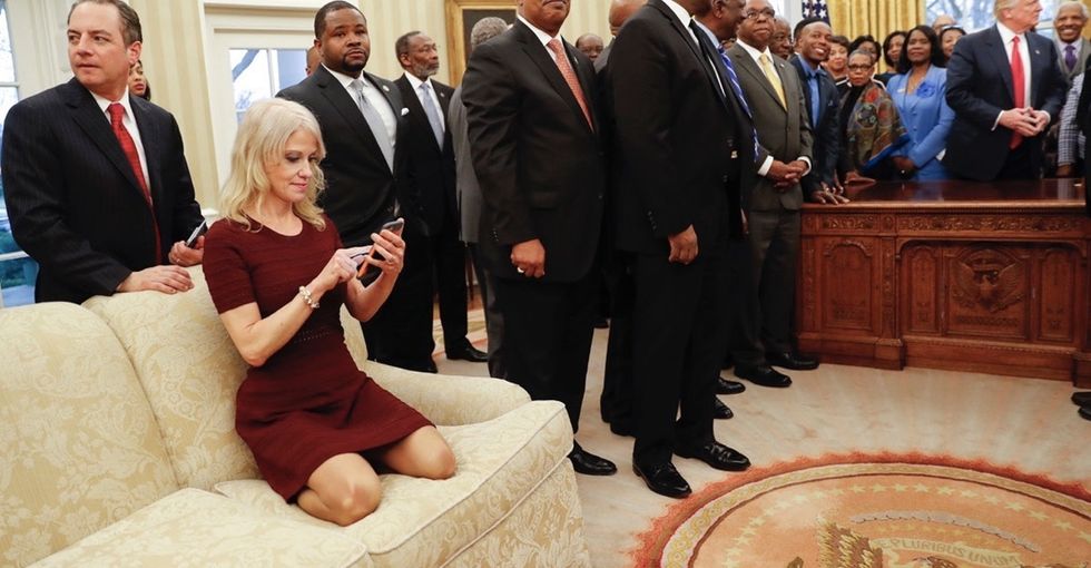 A viral photo of Kellyanne Conway sparks a debate about respect in the Oval Office.