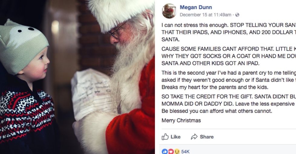A social worker's plea is going viral: Don't give Santa credit for pricey gifts.