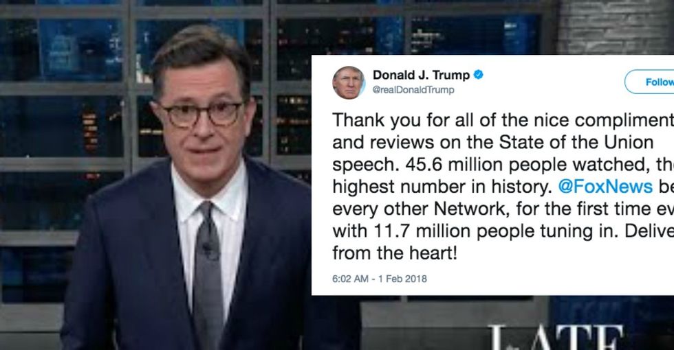 Stephen Colbert claims Trump will 'win' the Super Bowl in hilarious monologue.