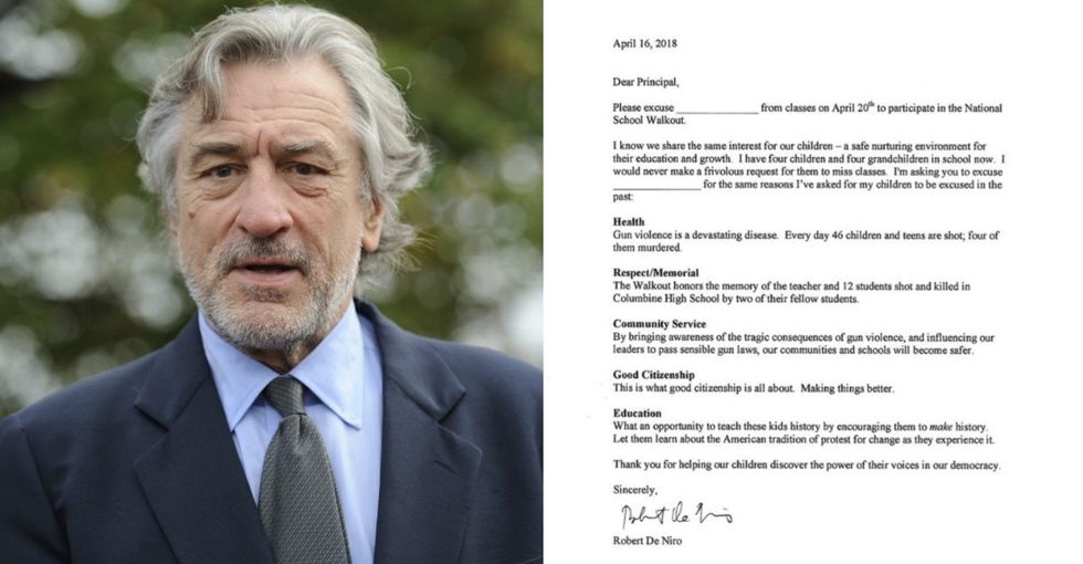 Walking out to protest gun violence? Robert De Niro just wrote a note to your principal.