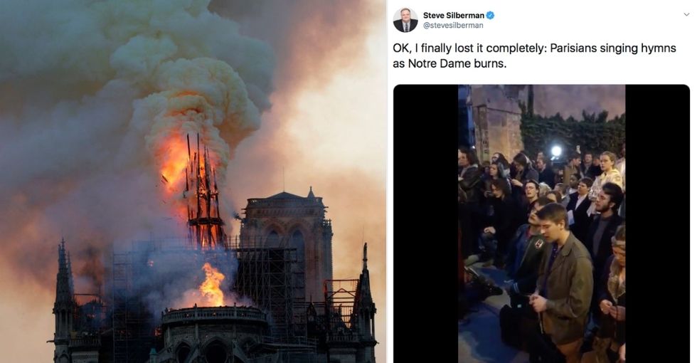 A tragically beautiful video captures Parisians singing hymns as they watch Notre Dame burn.