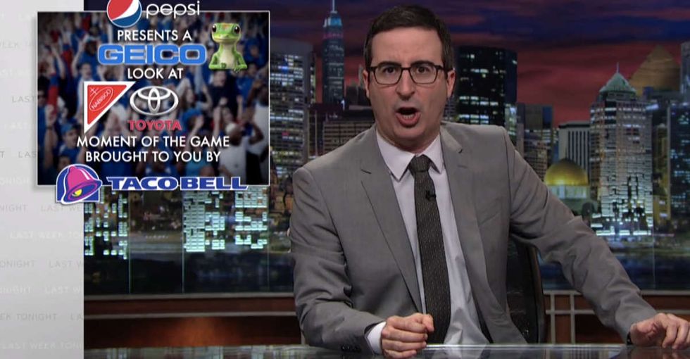 John Oliver reveals the dark side of all those March Madness ads, jerseys, and video games.
