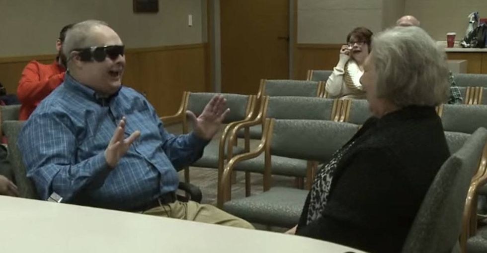They're in tears before his bionic eye is even turned on. His final reaction is priceless.