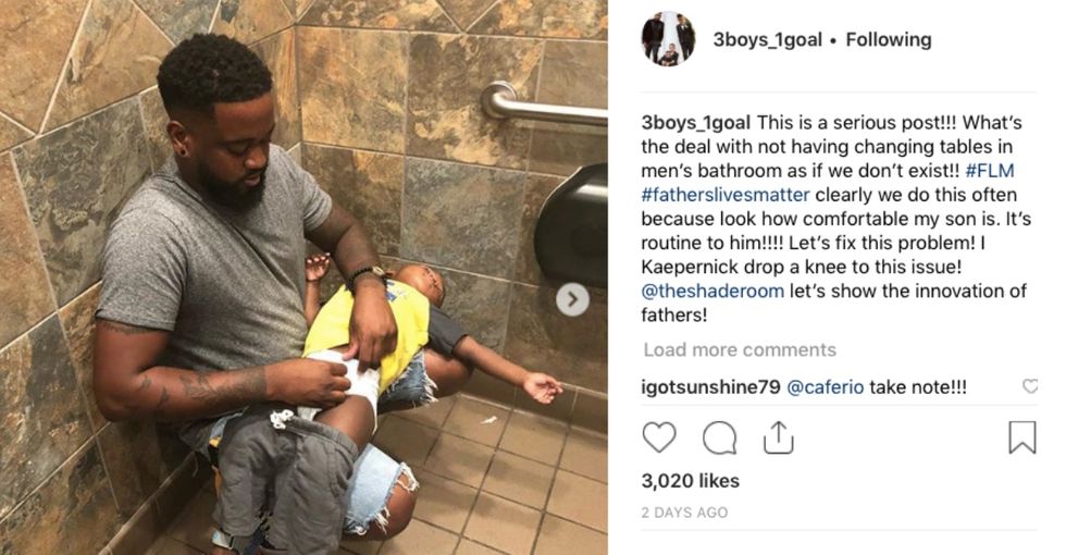 This dad's superhuman diapering ability highlights why men's rooms need changing tables.