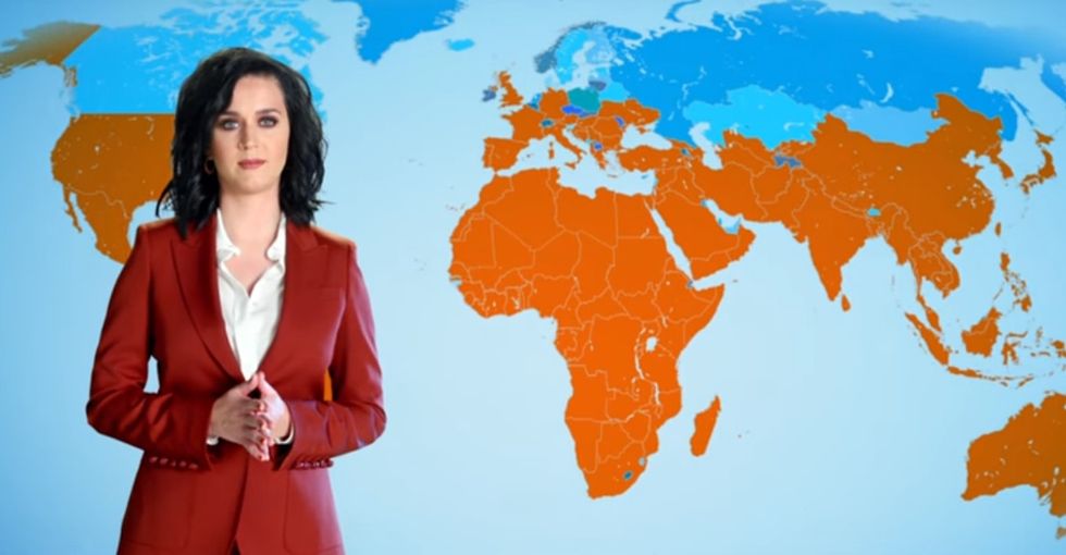 Watch Katy Perry pretend to be a meteorologist to fight global warming.