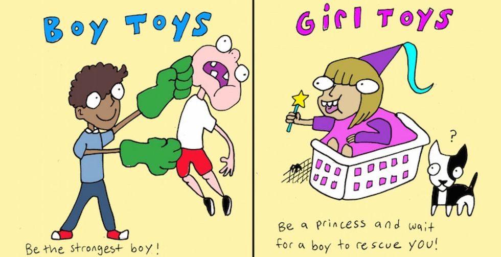 A simple 8-panel cartoon on toy choices for boys and girls.