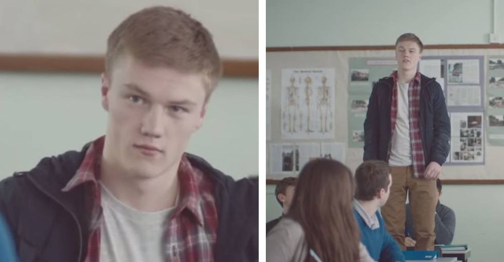 He climbs on his desk, insults his teacher, and leaves the whole class speechless. Point made.