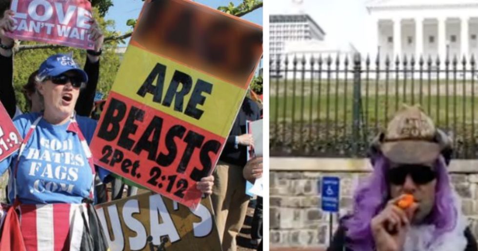 Heavy metal protesters scare off homophobic church group with a little kid's musical instrument.