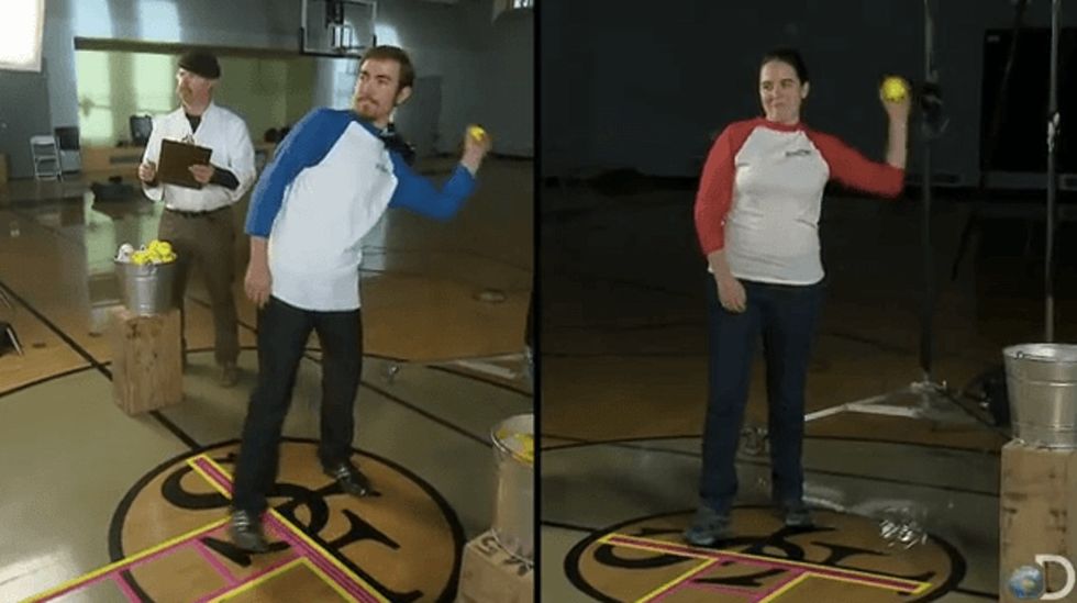 'You throw like a girl!' 'MythBusters' puts the classic insult to the test.