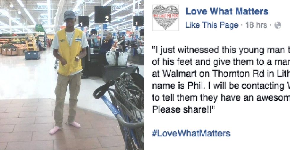 The sweet reason a Walmart manager found this worker shoeless, wearing pink socks.