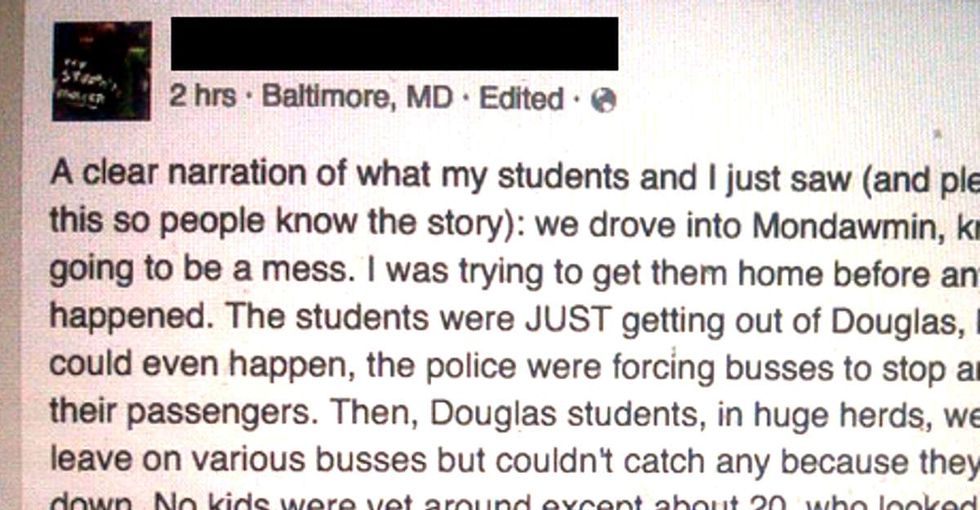 One teacher's Facebook post describes what she saw Baltimore cops doing before the riots broke out.
