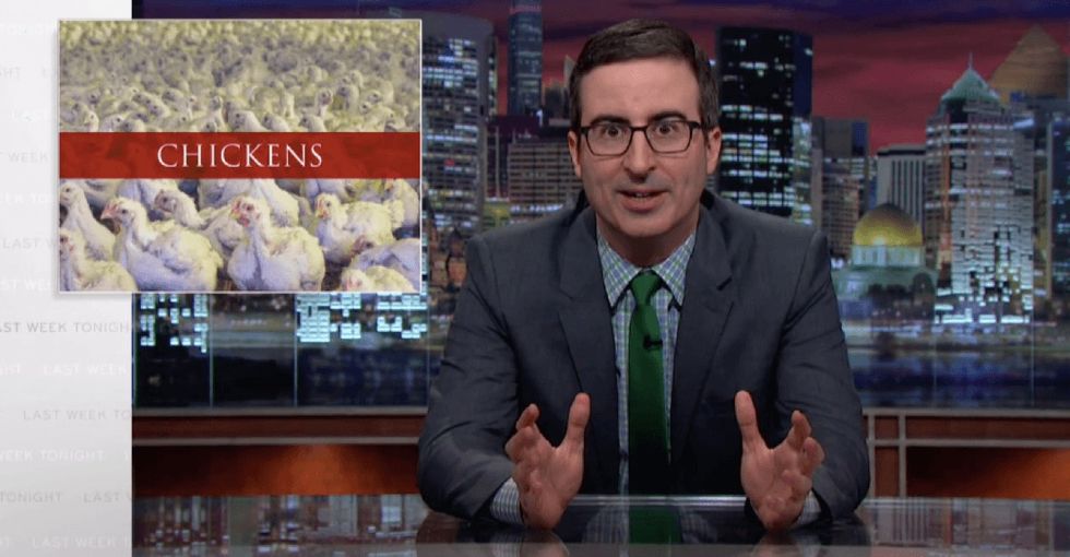John Oliver gives an eye-opening look at one of the lesser known ways chicken farming is messed up.
