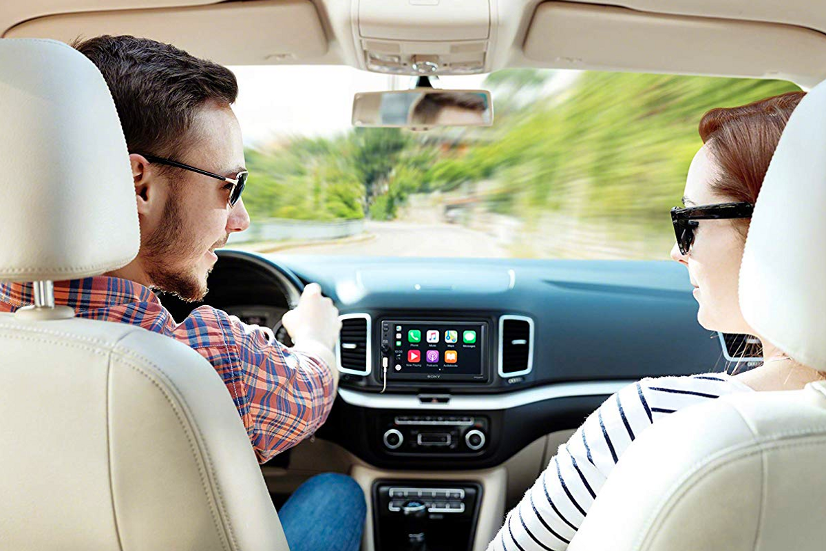 Lifestyle image of a car with Sony head unit and Apple CarPlay