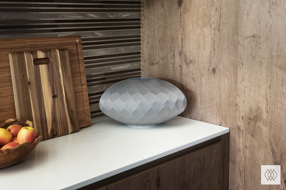 A photo of the new $899 Formation Wedge, here in white, which can be placed anywhere in the home because of its wireless technology