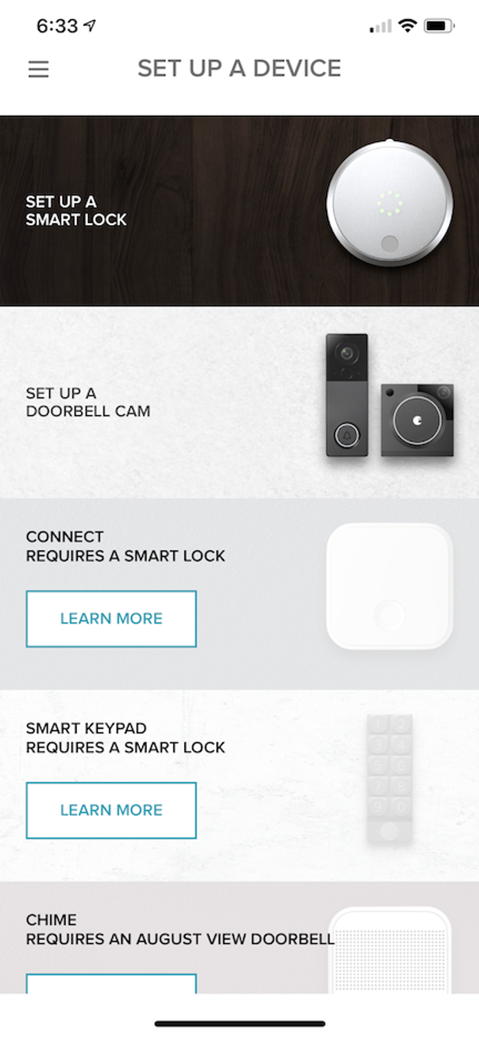 A photo of the app, with the "Set up a Smart Lock" option which is not the correct selection