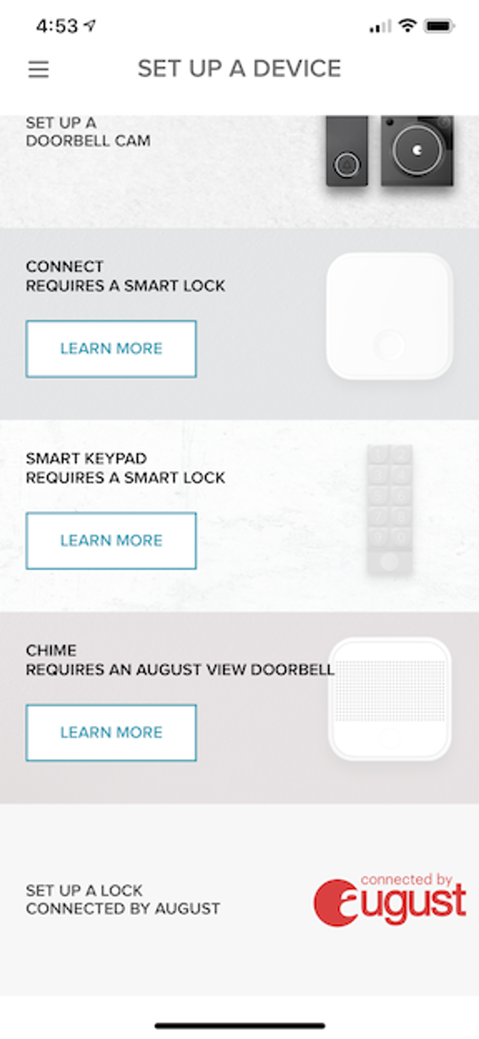 A photo of the app, with set up instructions, which are actually at the bottom under set up, for locks Connected by August