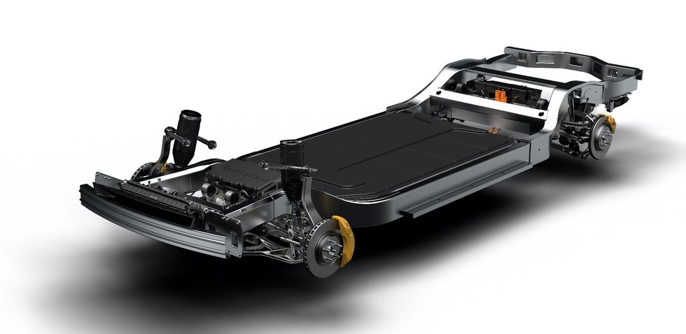 Photo of the electric 'skateboard' of a Rivian car