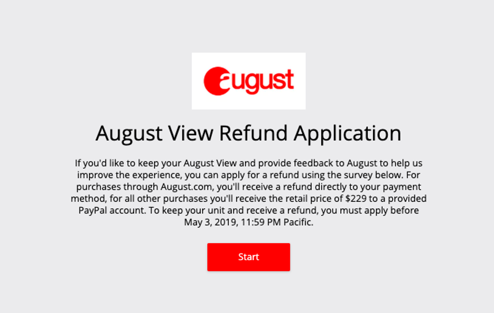 A screenshot of the August View Refund Application, which is offering buyers their money back if they have already installed the View, and are willing to provide feedback on its performance to the company