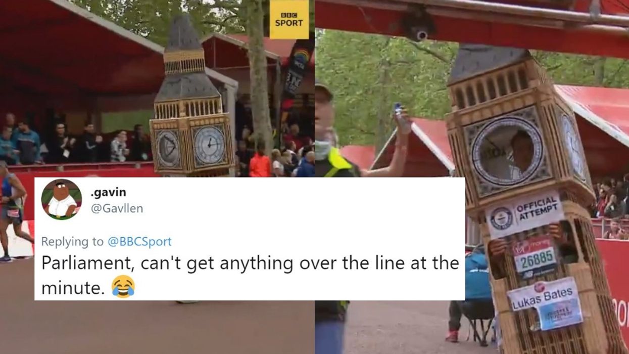 London Marathon Runner Dressed As Big Ben Gets Hilariously Stuck Right At The Finish Line
