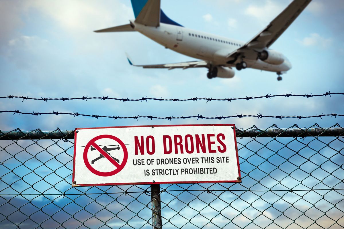 Photo of a no drones sign at an airport