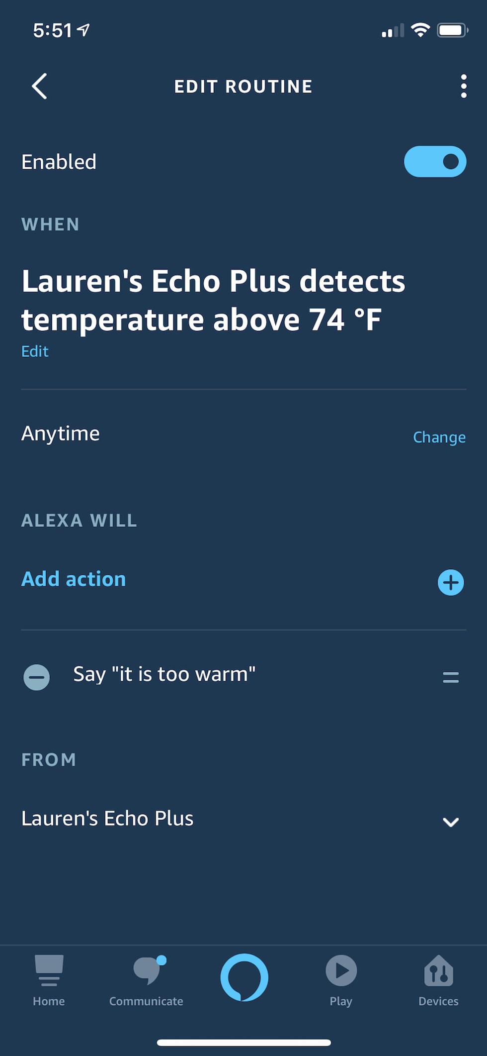 The Alexa Routine tied to the temperature sensor in the Echo Plus never worked