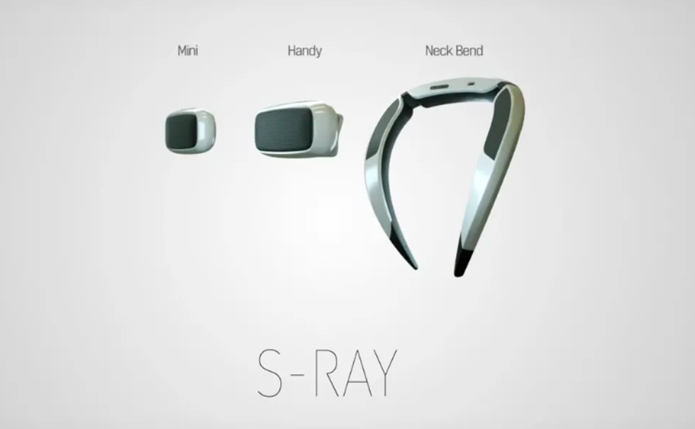 These Samsung S-Ray speakers, pictured here, are wireless and play music while Dad is working out