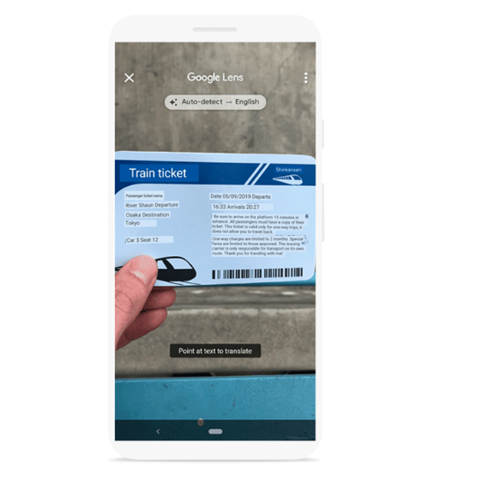 Photo of Google Lens translating a Japanese train ticket