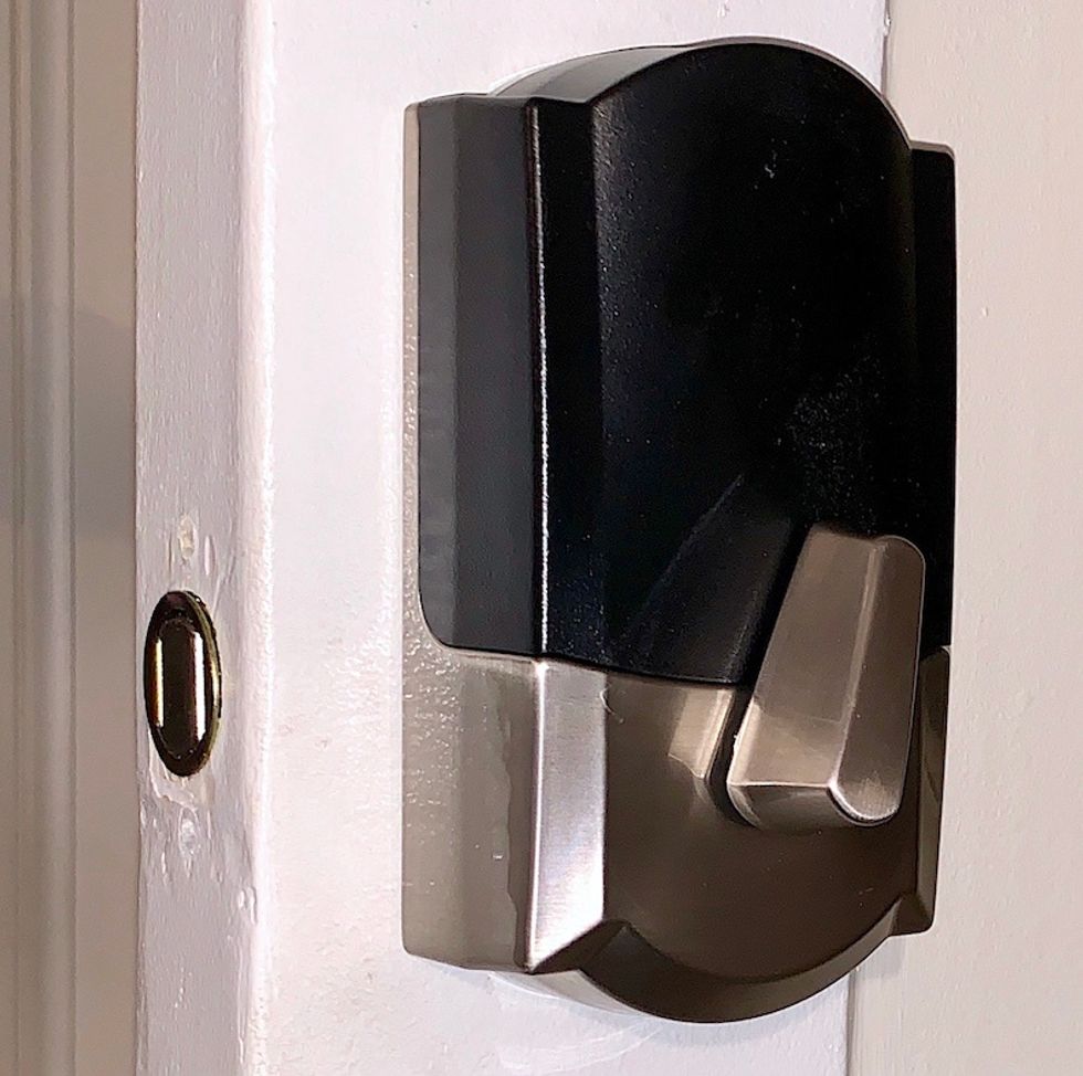 The back of the lock on the Schlage Encode Smart Wi-Fi Deadbolt, features a typical knob, to lock or unlock the deadbolt
