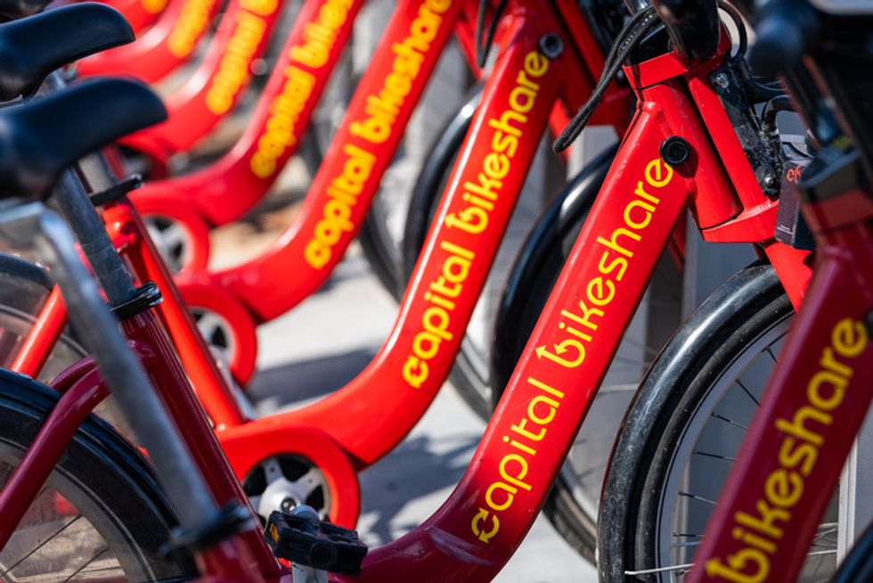 A row of bikes from Capital bikeshare in Washington, D.C., which offers a way to rent, and share, a bicycle for a quick ride through a mobile app