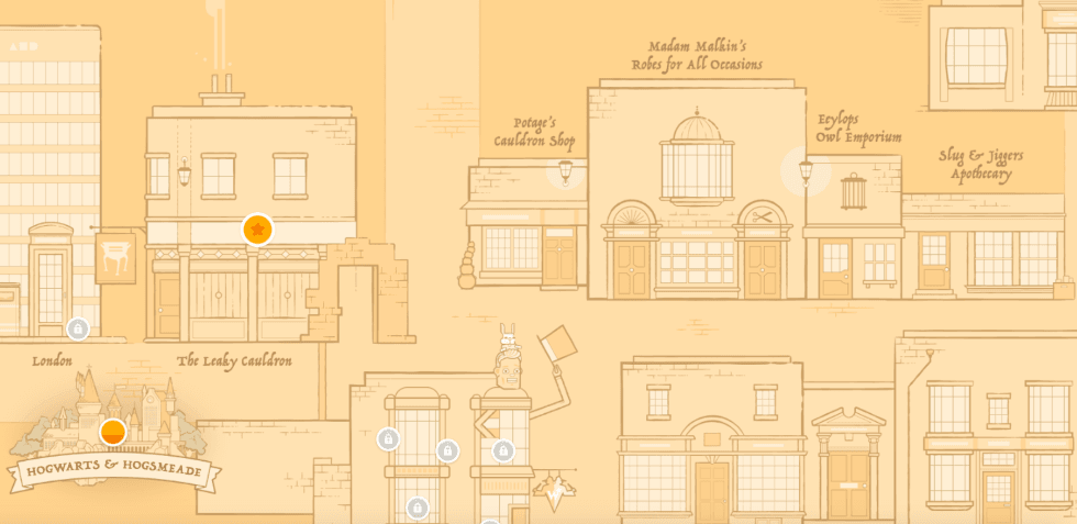 L'application Harry Potter Coding Kit s'ouvre sur une carte de Poudlard et des régions environnantes, y compris Diagon Alley