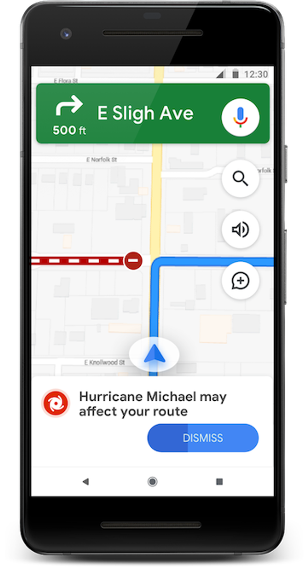 An image of new alerts, to re-route drivers in the event of a hurricane, that are coming to Google Maps