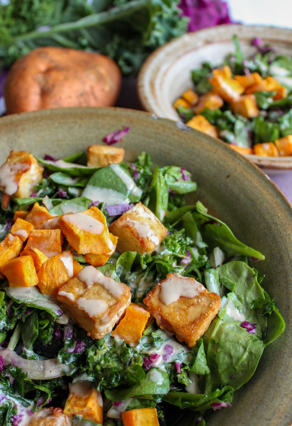 Kale salad with baked tofu and sweet potatoes - My Recipe Magic