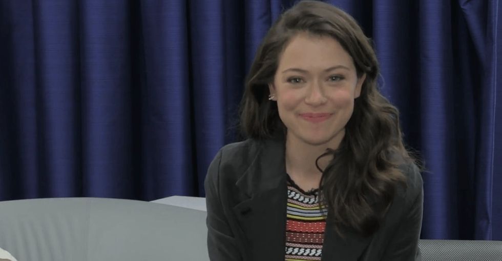 Orphan Black's Tatiana Maslany tears up when asked about her support for the show's LGBTQ fanbase.