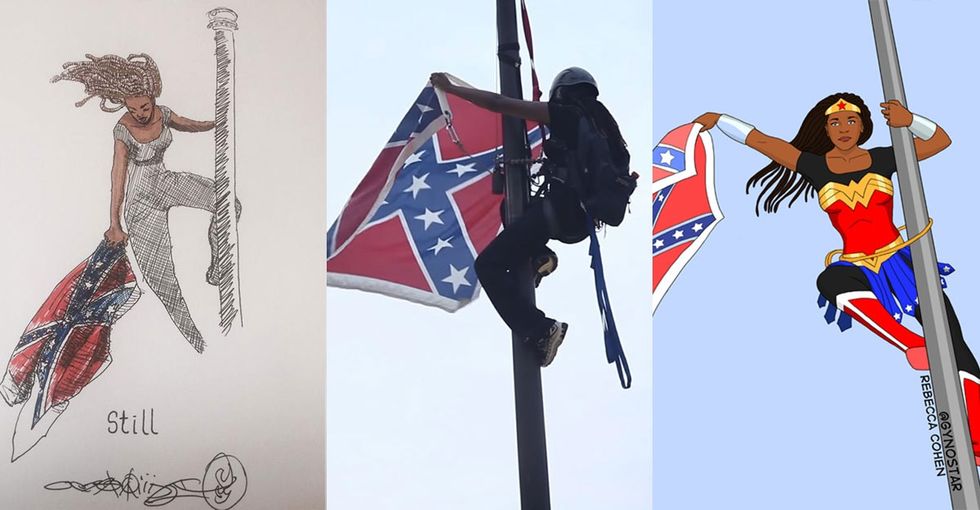 She left the flagpole in handcuffs. Now artists reimagine her as a superhero.