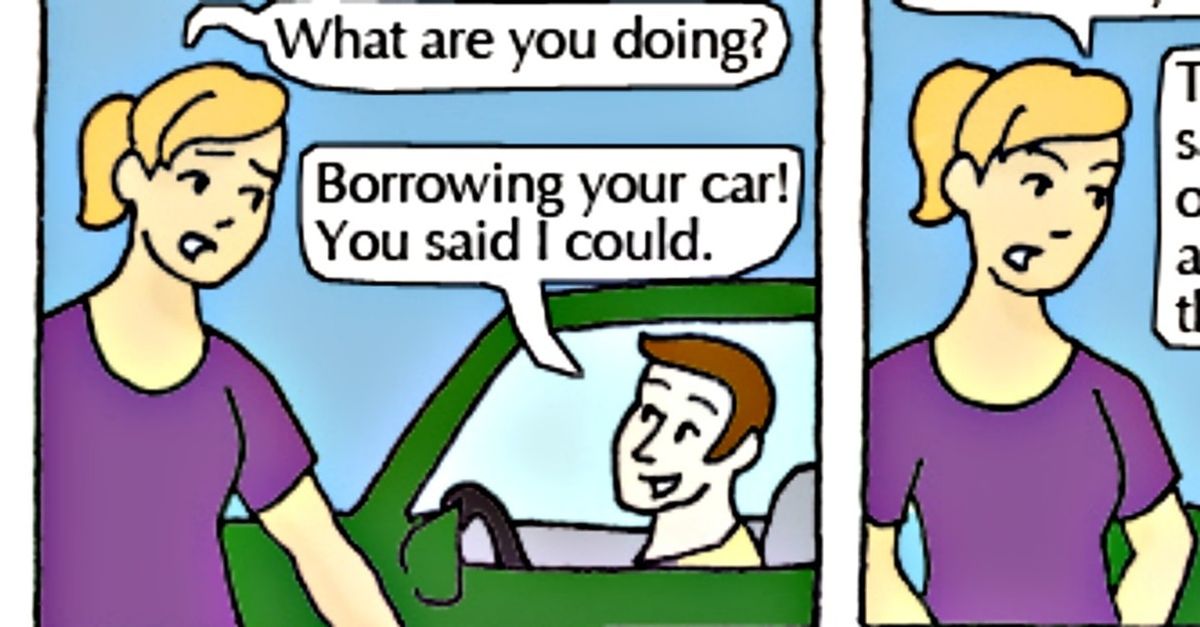 comic of a woman on the sidewalk speaking to a man in a car