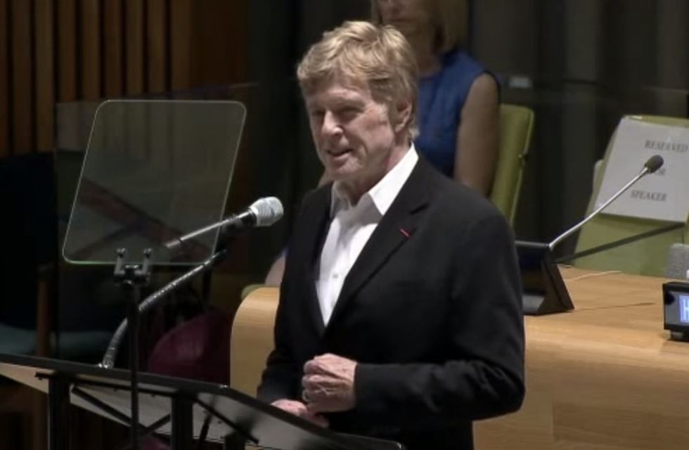 Robert Redford gives an inspiring speech to world leaders about changing the course of history.