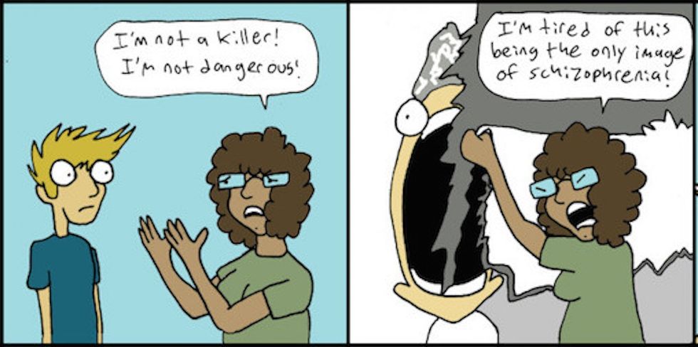 A 29-panel cartoon that explains how some people see schizophrenics versus their reality.
