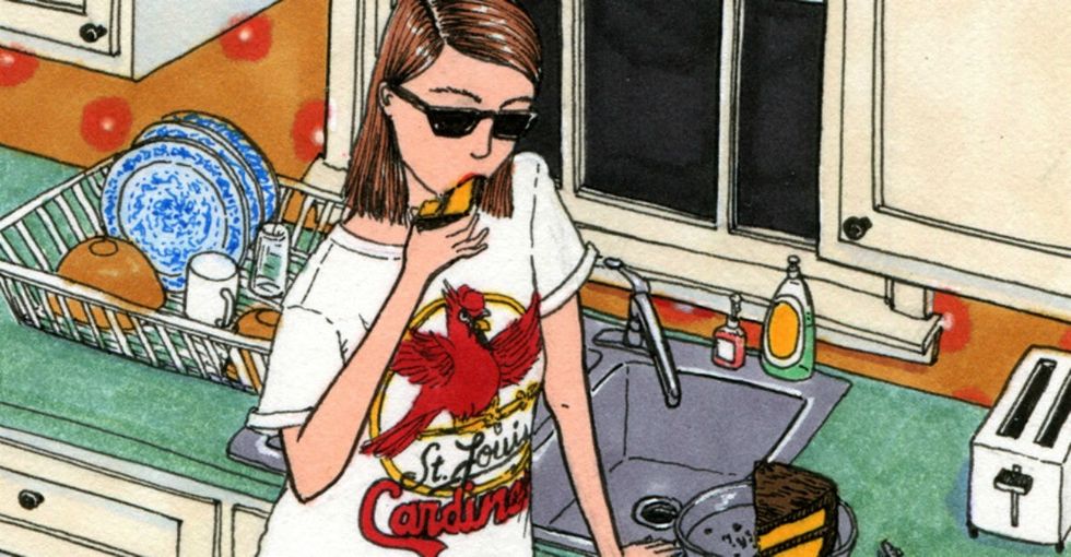 illustration of woman eating cake at kitchen counter