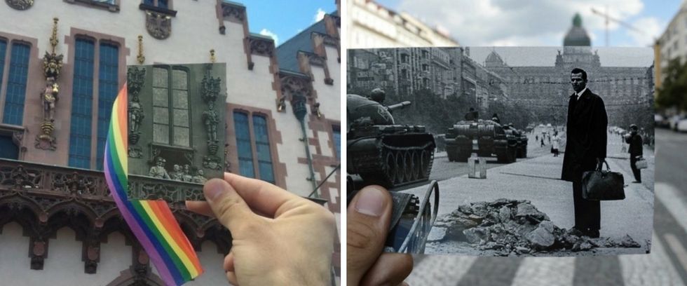 13 black-and-white wartime photos juxtaposed with their modern-day locations.