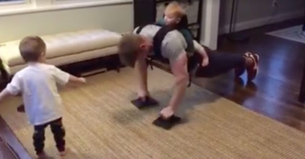 An awesome dad created an adorable home workout video to show how he bonds with his kids.
