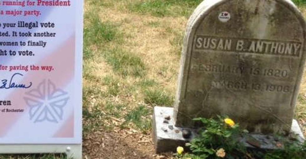 After Hillary Clinton's historic nomination, a sign appeared at Susan B. Anthony's grave.