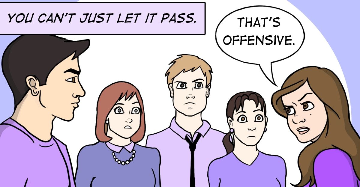comic strip showing several adults under text and a speech bubble