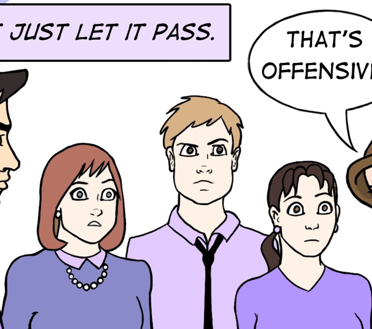 comic strip showing several adults under text and a speech bubble